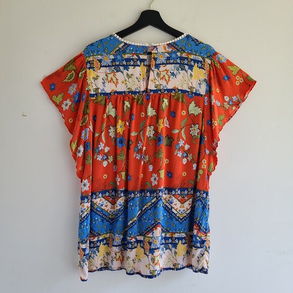 Flutter Sleeve Peasant Tunic Top 3X Floral Boho Lightweight Red Blue - Picture 2 of 10